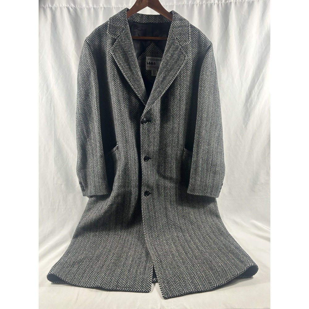 Vintage Mens Herringbone Lambswool Overcoat Black White 38 40 Med Made in Canada